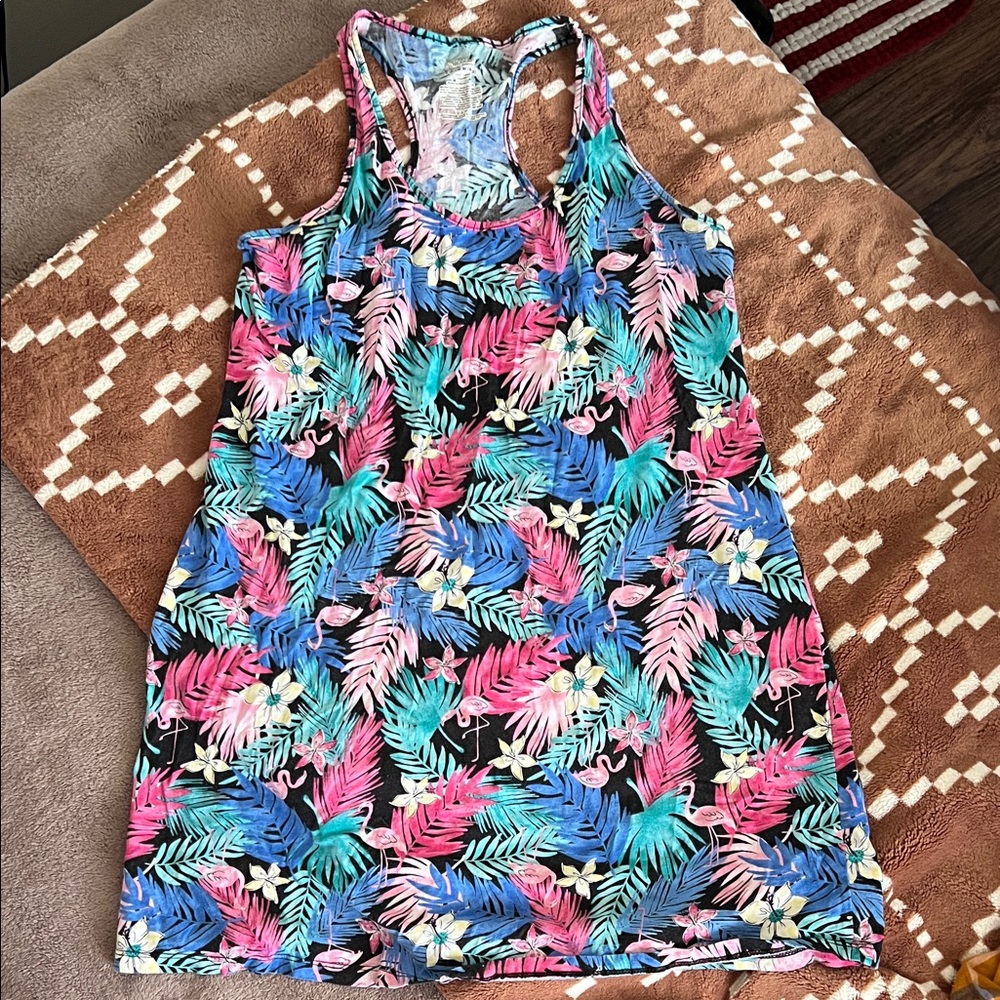 Tropical Leaf Racerback Tank Dress - Black with Pink, Teal & Blue Leaves